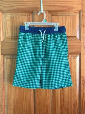 Boy’s size 10-12 Lands’ End blue and green checked swim trunks-like new